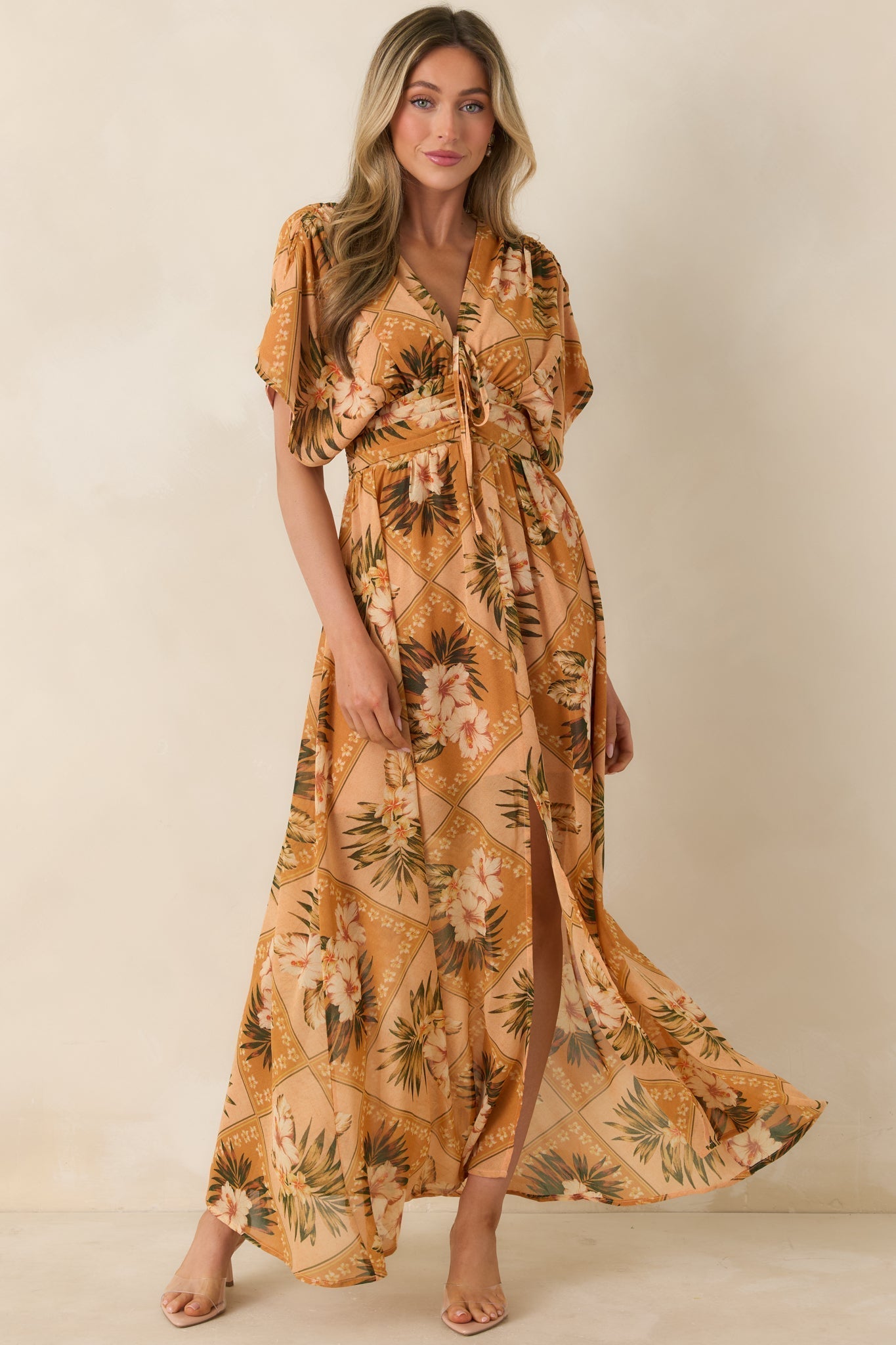 Women's Booked the Trip Peach Multi Tropical Print Maxi Dress | 100% Polyester 0