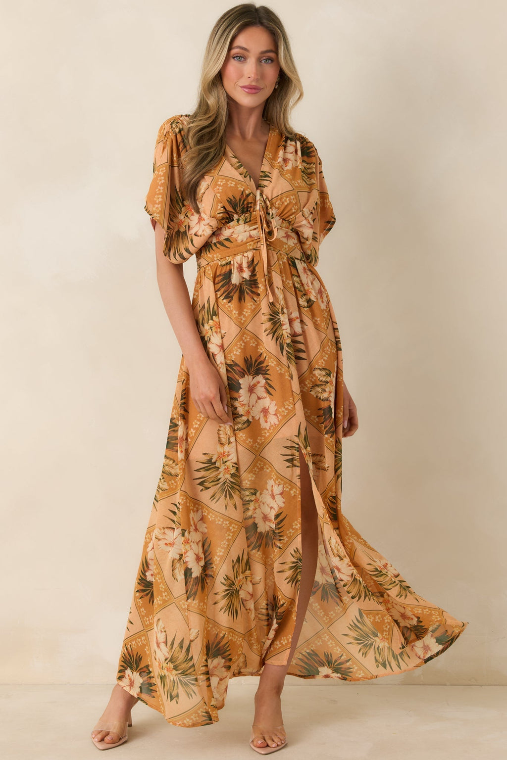 Women's Booked the Trip Peach Multi Tropical Print Maxi Dress | 100% Polyester 0