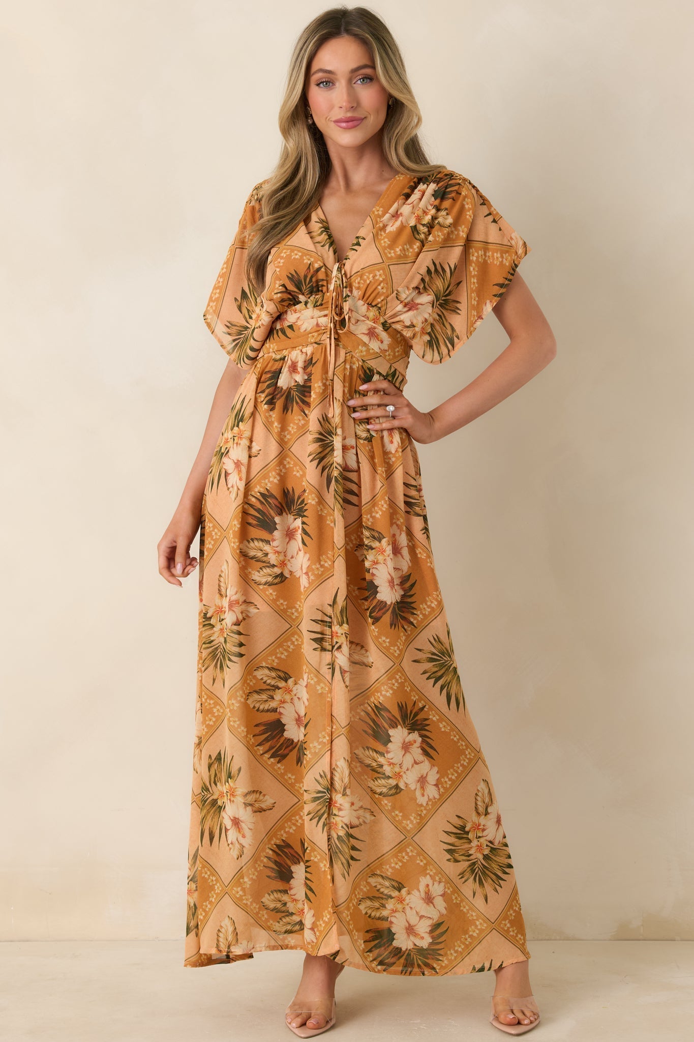 Women's Booked the Trip Peach Multi Tropical Print Maxi Dress | 100% Polyester 2