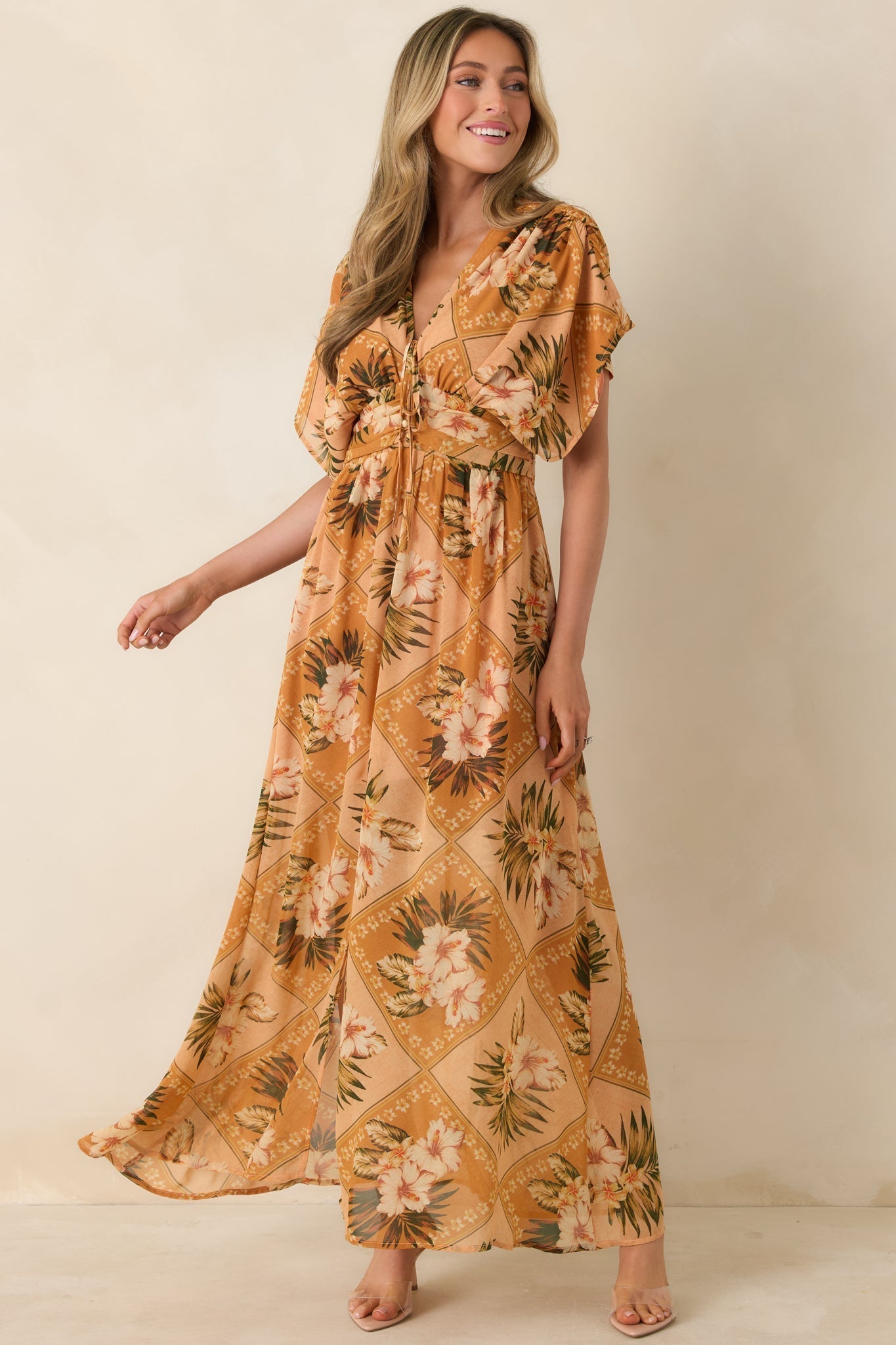 Women's Booked the Trip Peach Multi Tropical Print Maxi Dress | 100% Polyester 5