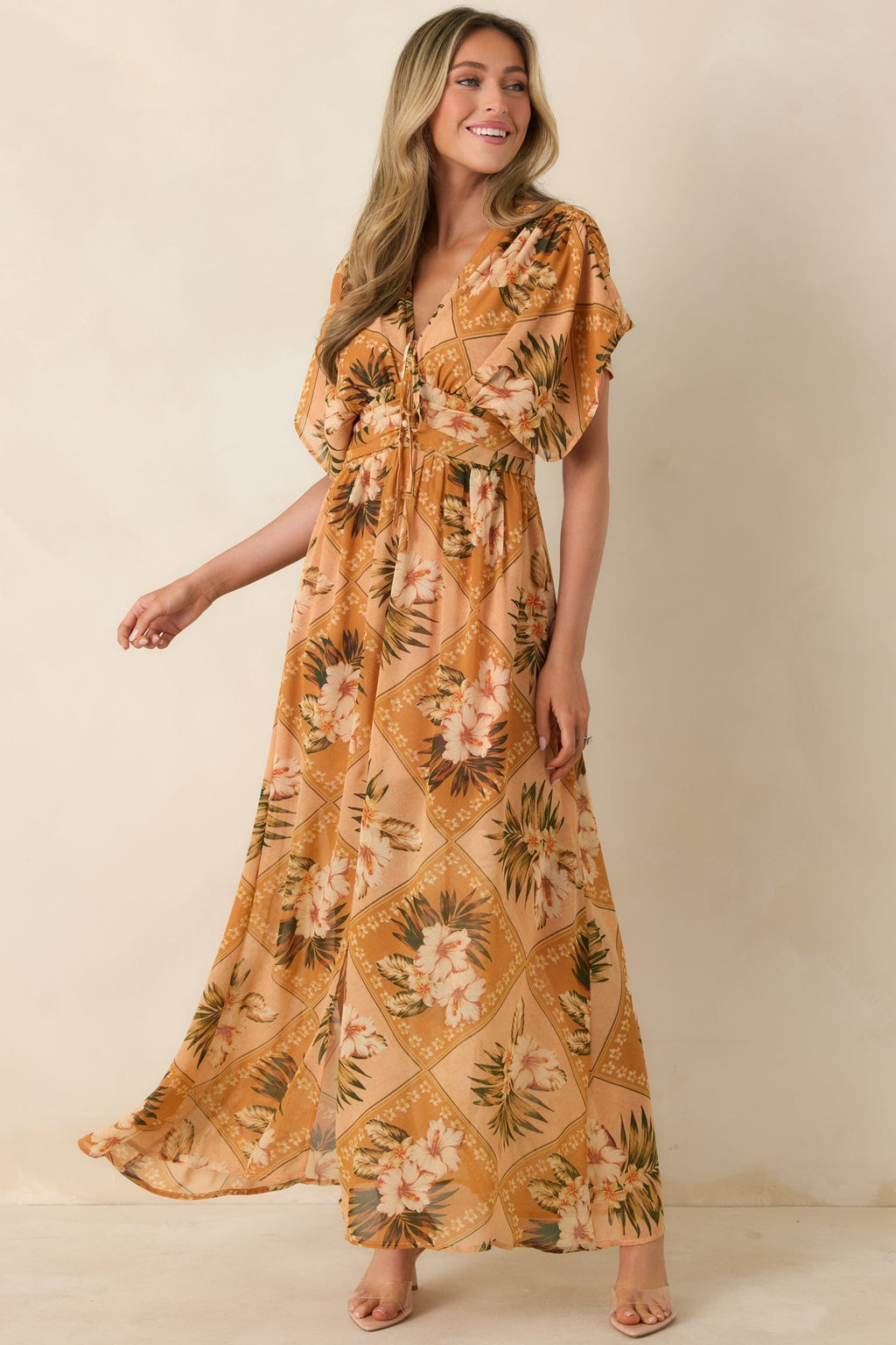 Women's Booked the Trip Peach Multi Tropical Print Maxi Dress | 100% Polyester 5