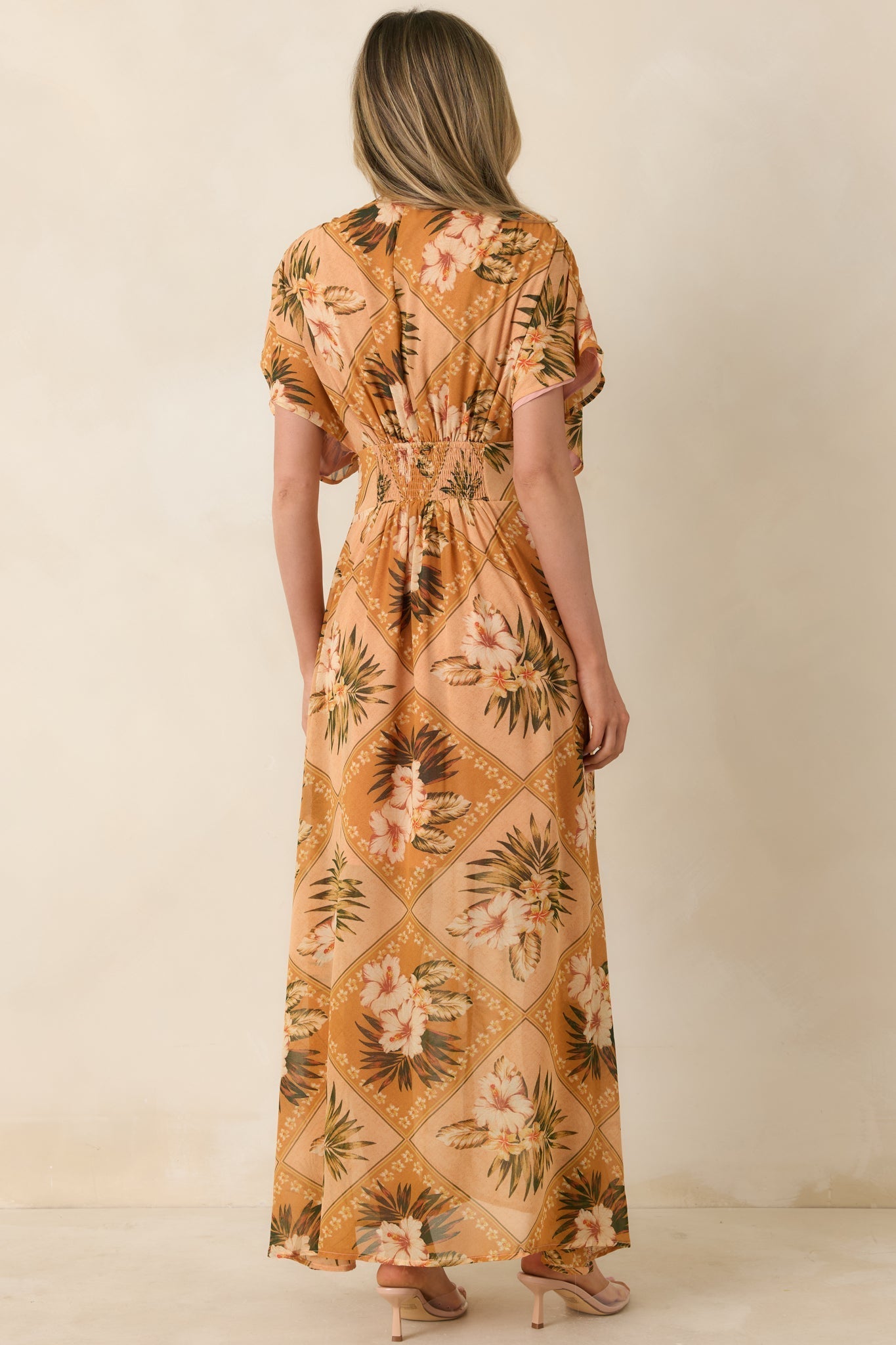 Women's Booked the Trip Peach Multi Tropical Print Maxi Dress | 100% Polyester 6