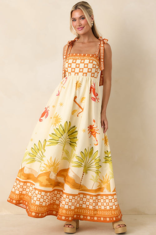 Women's Born for the Beach Ivory Multi Tropical Zodiac Print Cotton Maxi Dress | 100% Cotton 0