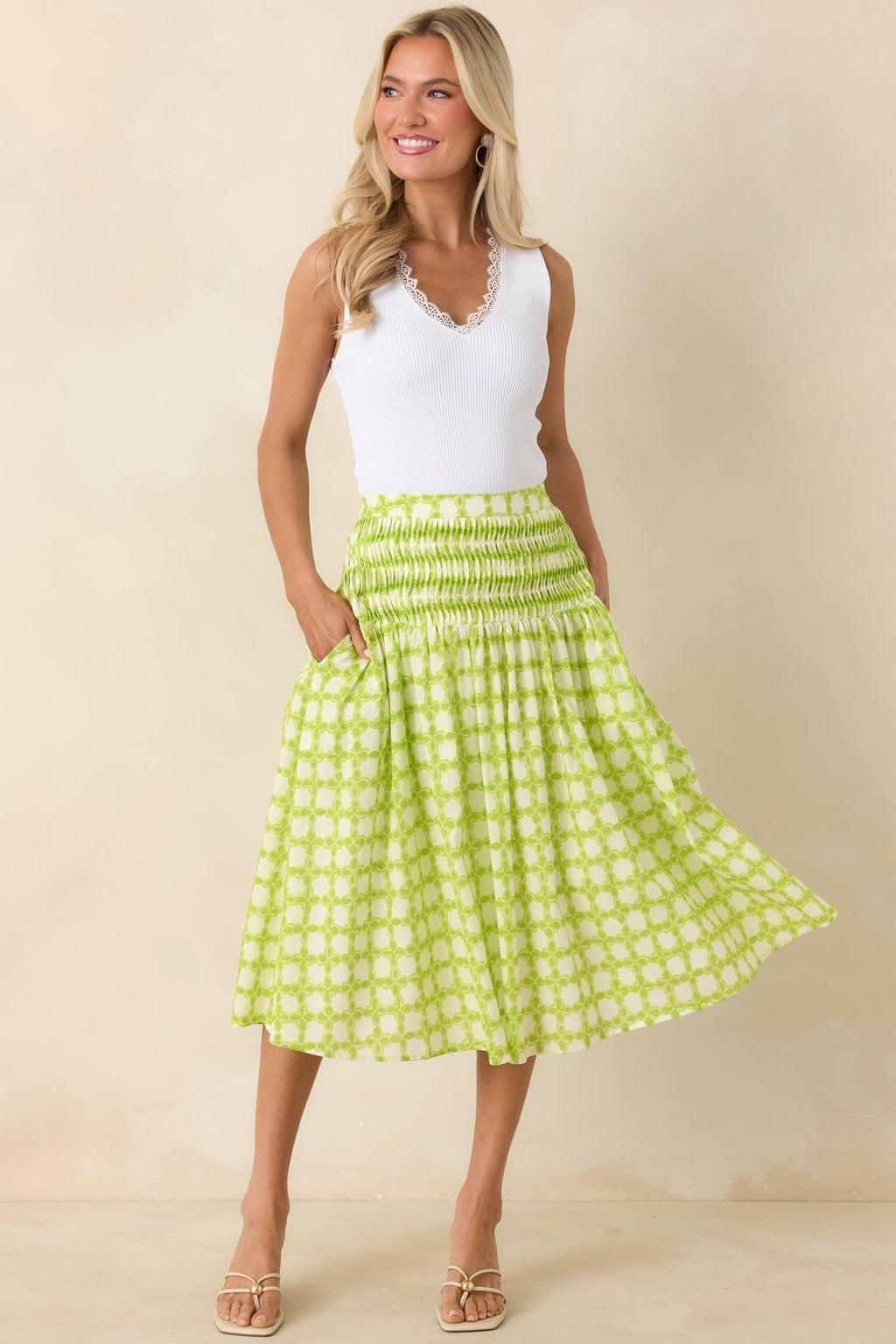 Women's Bright Intentions Chartreuse Printed Cotton Midi Skirt | 100% Cotton 3