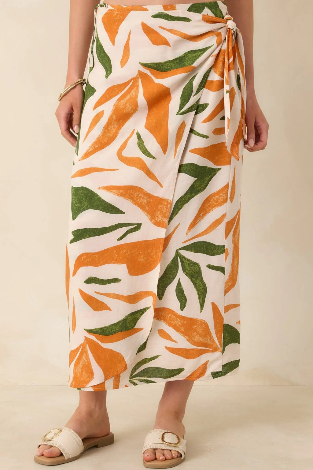 Women's Cabana Chic Beige Tropical Print Midi Wrap Skirt | 70% Rayon 2