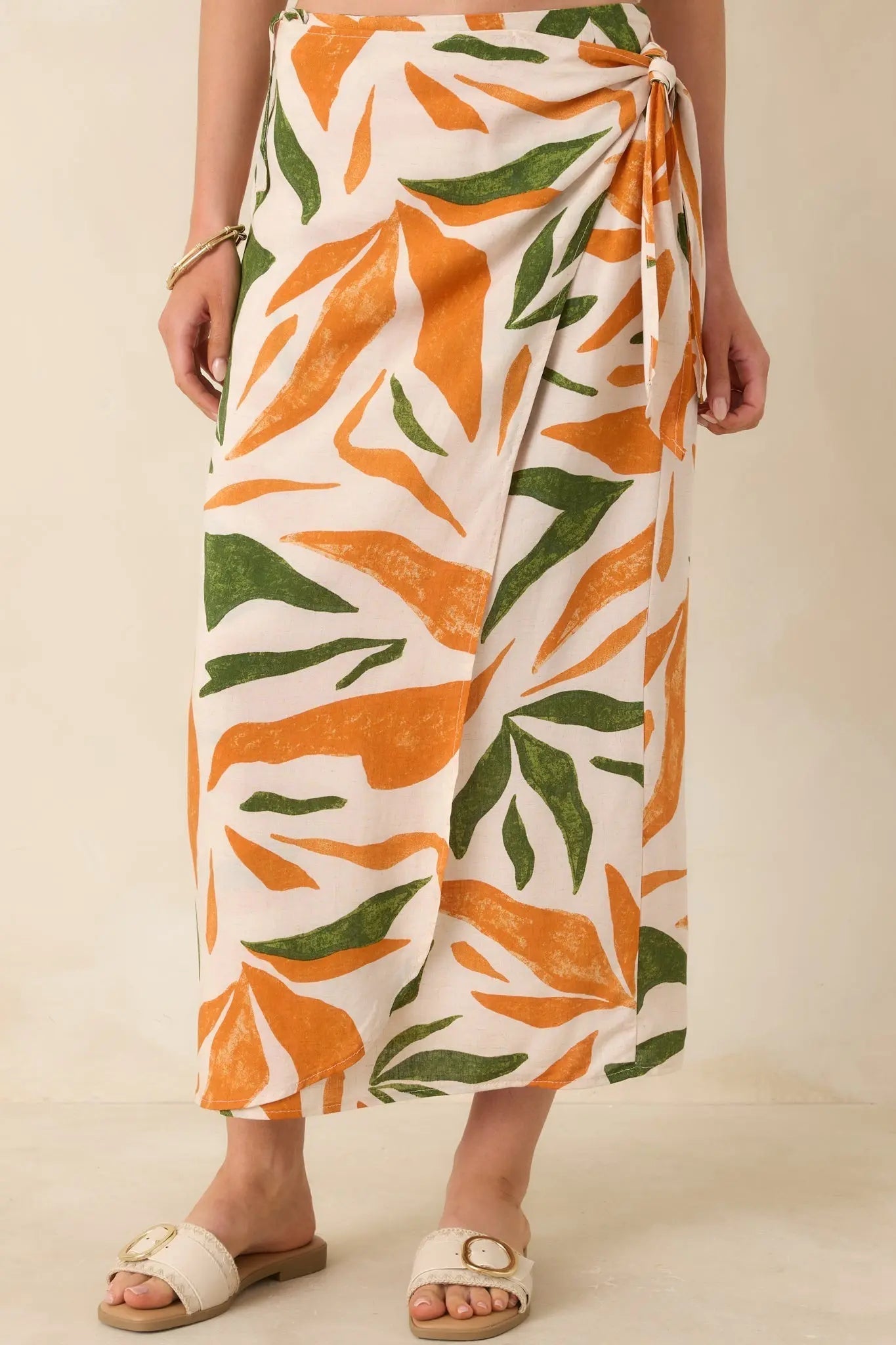 Women's Cabana Chic Beige Tropical Print Midi Wrap Skirt | 70% Rayon 2