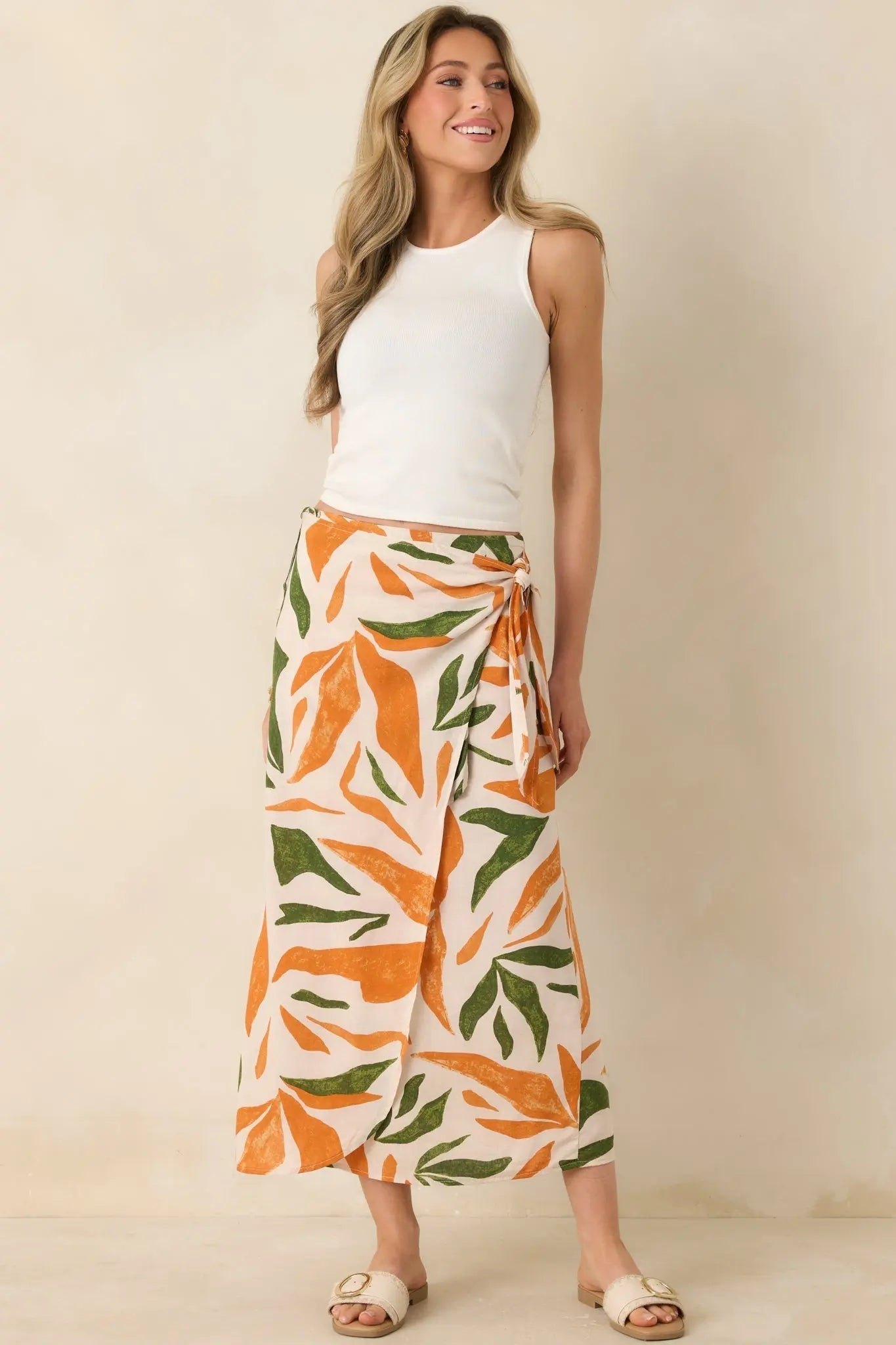 Women's Cabana Chic Beige Tropical Print Midi Wrap Skirt | 70% Rayon 3