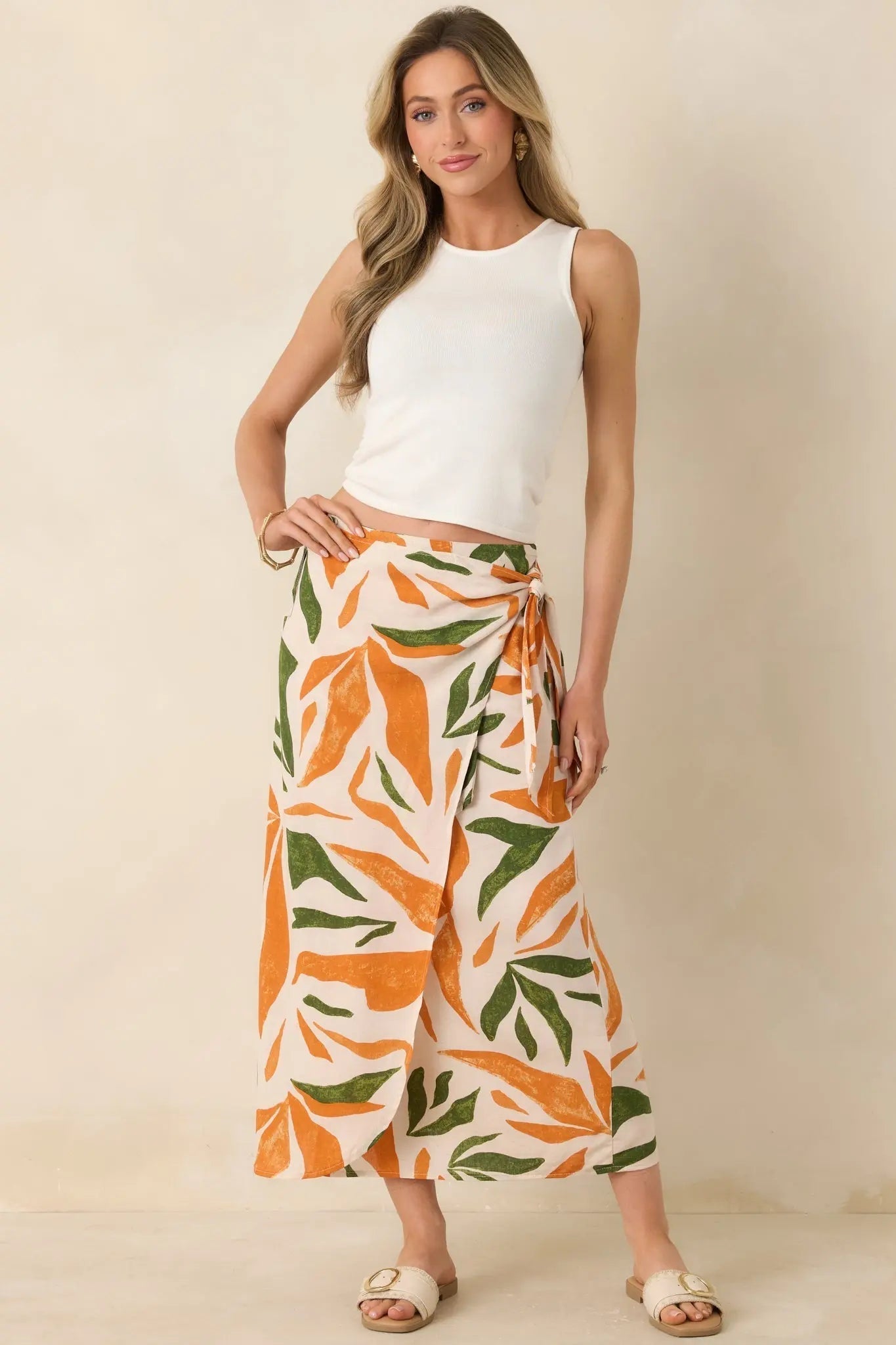 Women's Cabana Chic Beige Tropical Print Midi Wrap Skirt | 70% Rayon 4