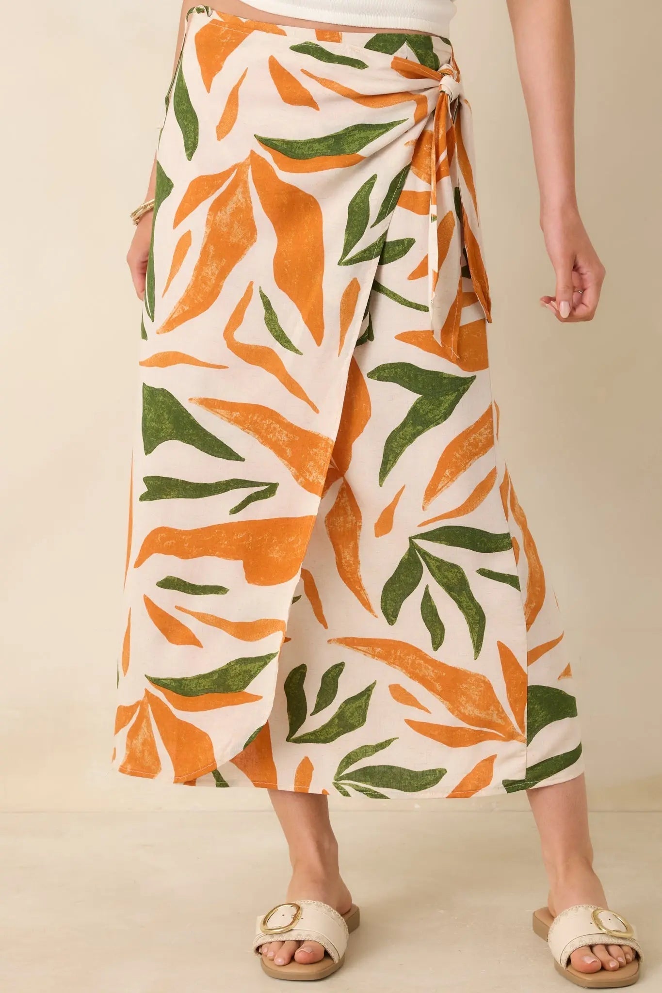 Women's Cabana Chic Beige Tropical Print Midi Wrap Skirt | 70% Rayon 5