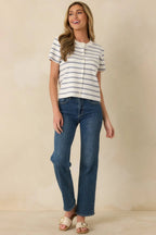 Women's Casual Authority Navy Stripe Knit Button Front Short Sleeve Top | 70% Viscose & 30% Nylon 5