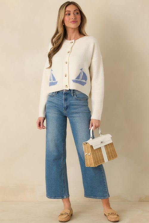 Women's Catch the Breeze Ivory Sailboat Knit Button Front Cardigan Sweater | 74% Acrylic 0