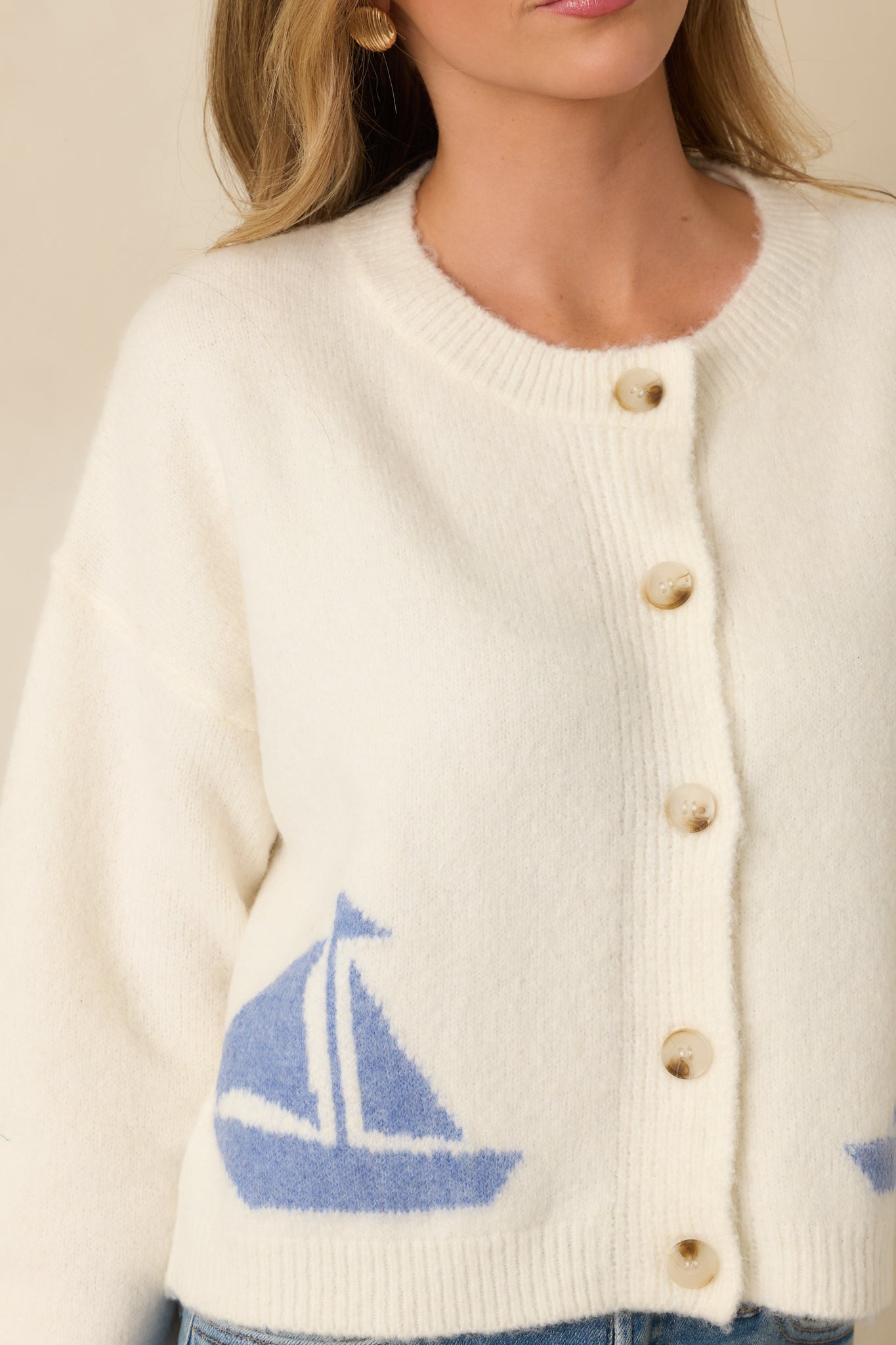 Women's Catch the Breeze Ivory Sailboat Knit Button Front Cardigan Sweater | 74% Acrylic 1
