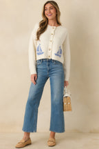 Women's Catch the Breeze Ivory Sailboat Knit Button Front Cardigan Sweater | 74% Acrylic 3