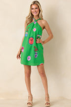 Women's Catching Waves Green Multi Tropical Print Tie-Back Halter Mini Dress | 75% Rayon & 25% Linen 0