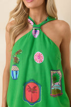 Women's Catching Waves Green Multi Tropical Print Tie-Back Halter Mini Dress | 75% Rayon & 25% Linen 1