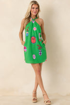 Women's Catching Waves Green Multi Tropical Print Tie-Back Halter Mini Dress | 75% Rayon & 25% Linen 3
