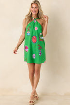 Women's Catching Waves Green Multi Tropical Print Tie-Back Halter Mini Dress | 75% Rayon & 25% Linen 4