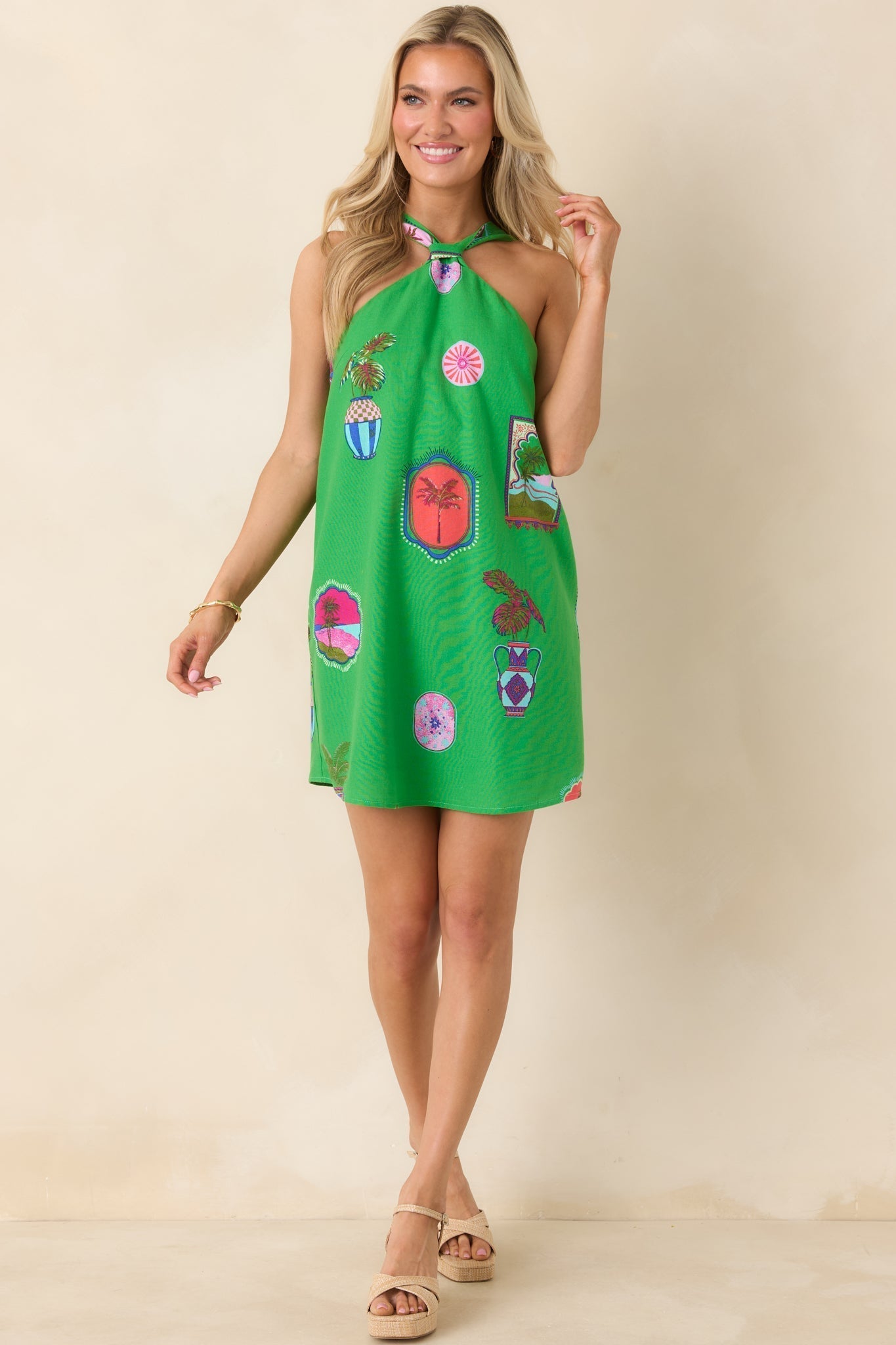 Women's Catching Waves Green Multi Tropical Print Tie-Back Halter Mini Dress | 75% Rayon & 25% Linen 4