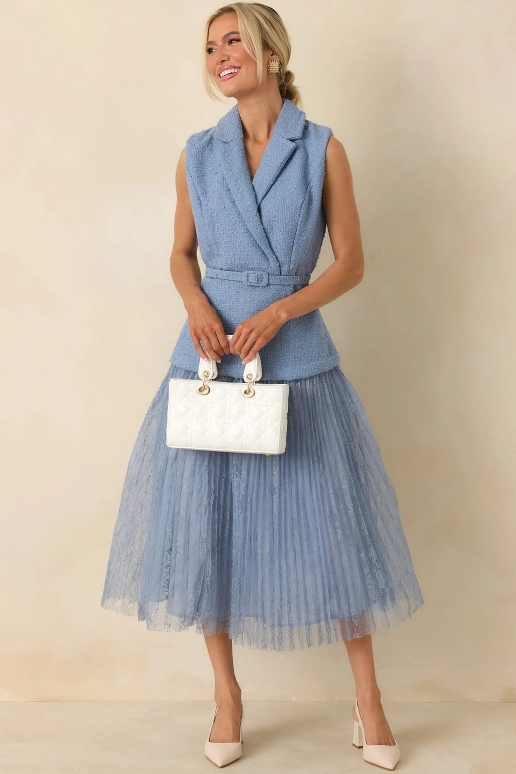 Women's Caught You Smiling Cornflower Blue Textured Woven Belted Lace Midi Dress | Self: 70% Polyester & 30% Wool 3