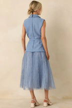 Women's Caught You Smiling Cornflower Blue Textured Woven Belted Lace Midi Dress | Self: 70% Polyester & 30% Wool 7