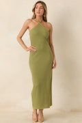 Women's Causing a Heatwave Olive Green Textured Diamond Knit Halter Midi Dress | 80% Viscose & 20% Nylon 0