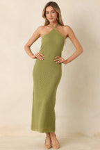 Women's Causing a Heatwave Olive Green Textured Diamond Knit Halter Midi Dress | 80% Viscose & 20% Nylon 3