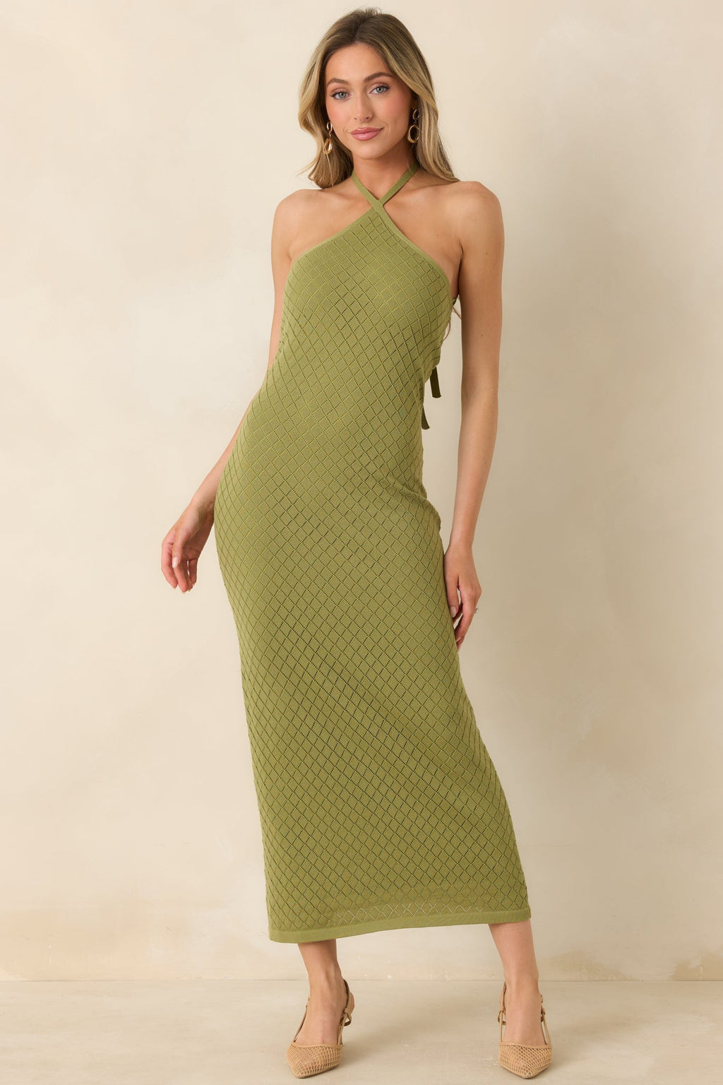 Women's Causing a Heatwave Olive Green Textured Diamond Knit Halter Midi Dress | 80% Viscose & 20% Nylon 5