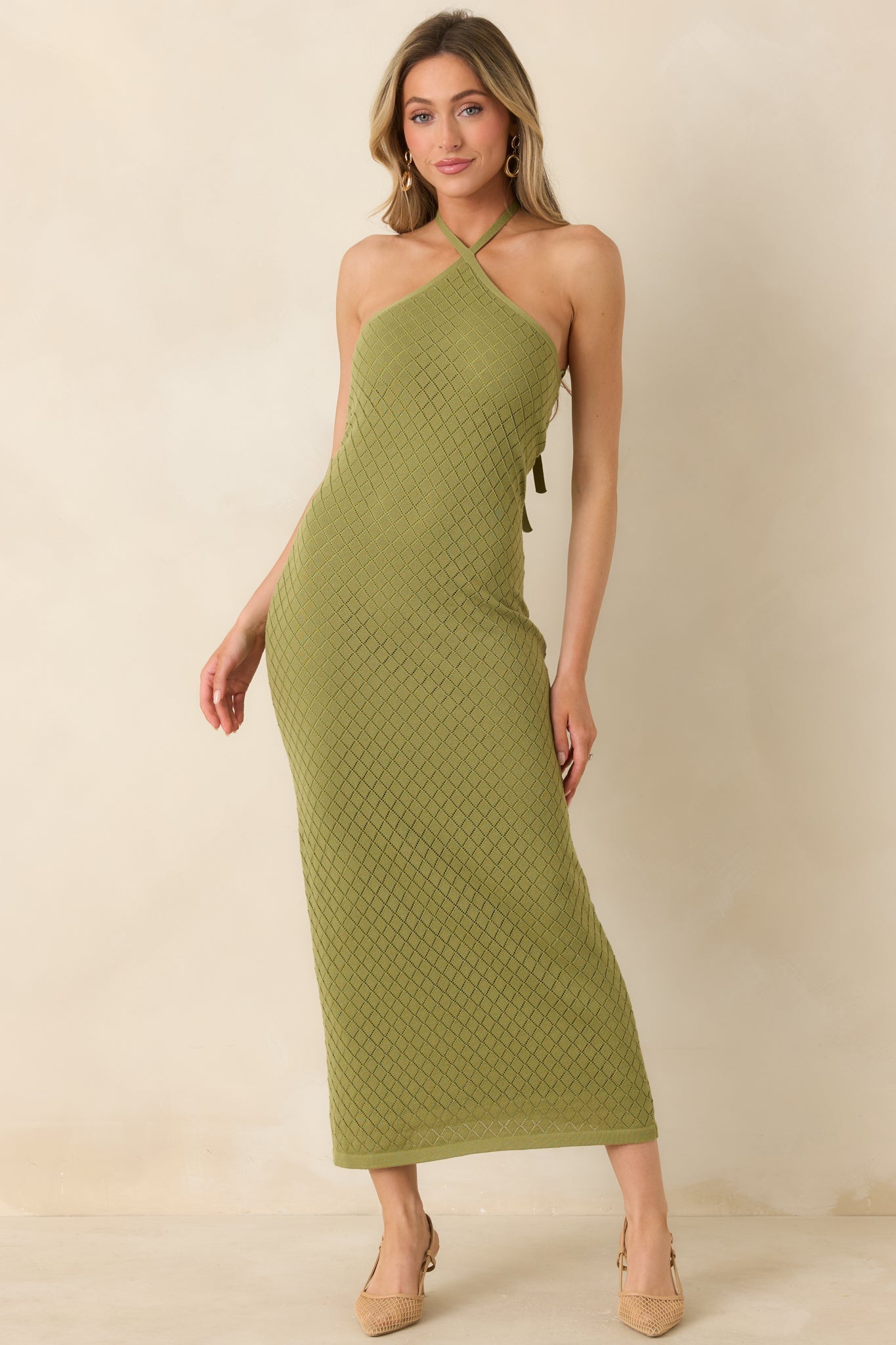 Women's Causing a Heatwave Olive Green Textured Diamond Knit Halter Midi Dress | 80% Viscose & 20% Nylon 5