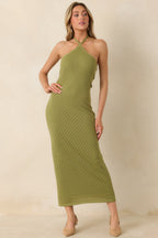 Women's Causing a Heatwave Olive Green Textured Diamond Knit Halter Midi Dress | 80% Viscose & 20% Nylon 6