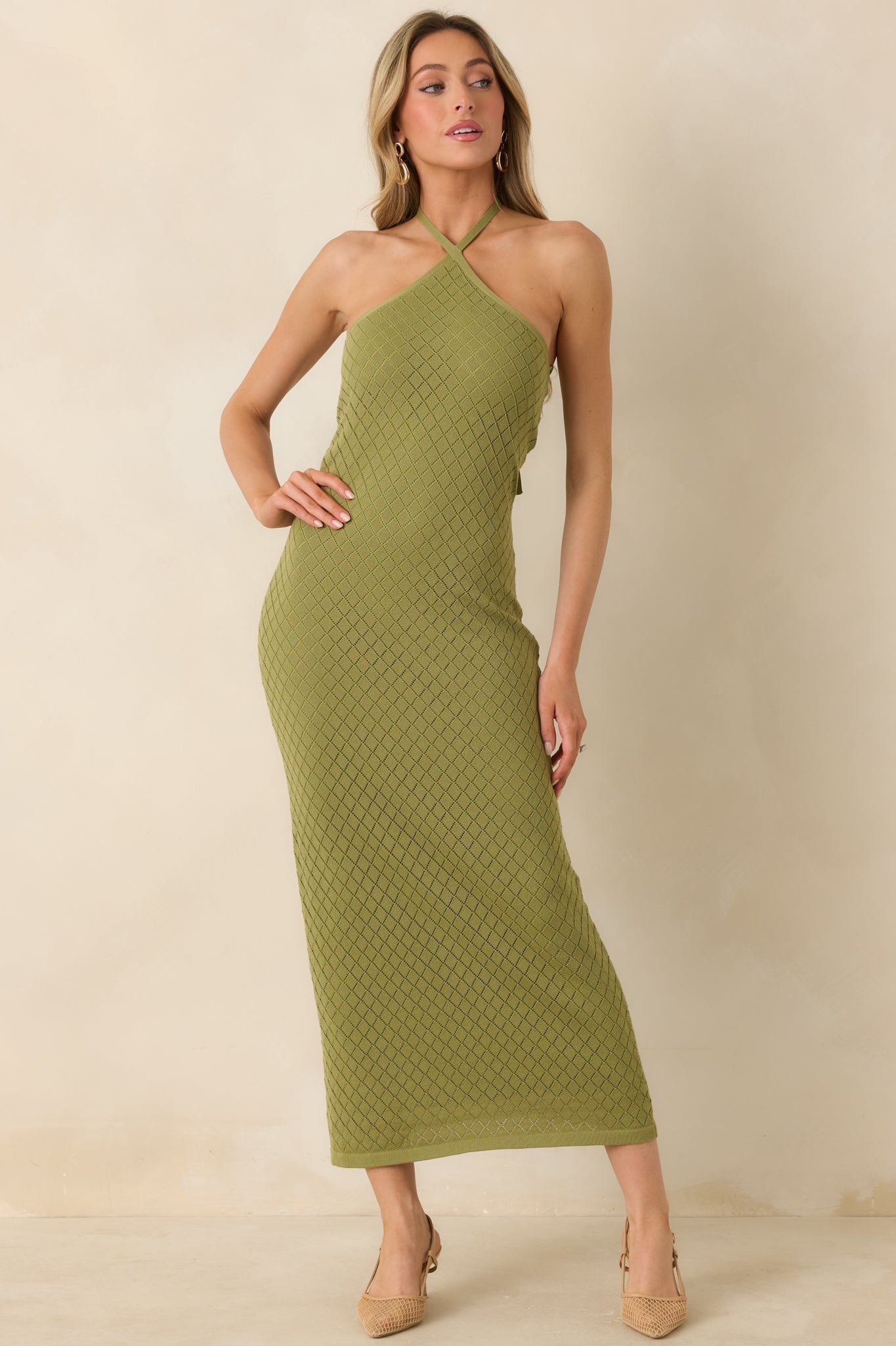 Women's Causing a Heatwave Olive Green Textured Diamond Knit Halter Midi Dress | 80% Viscose & 20% Nylon 6