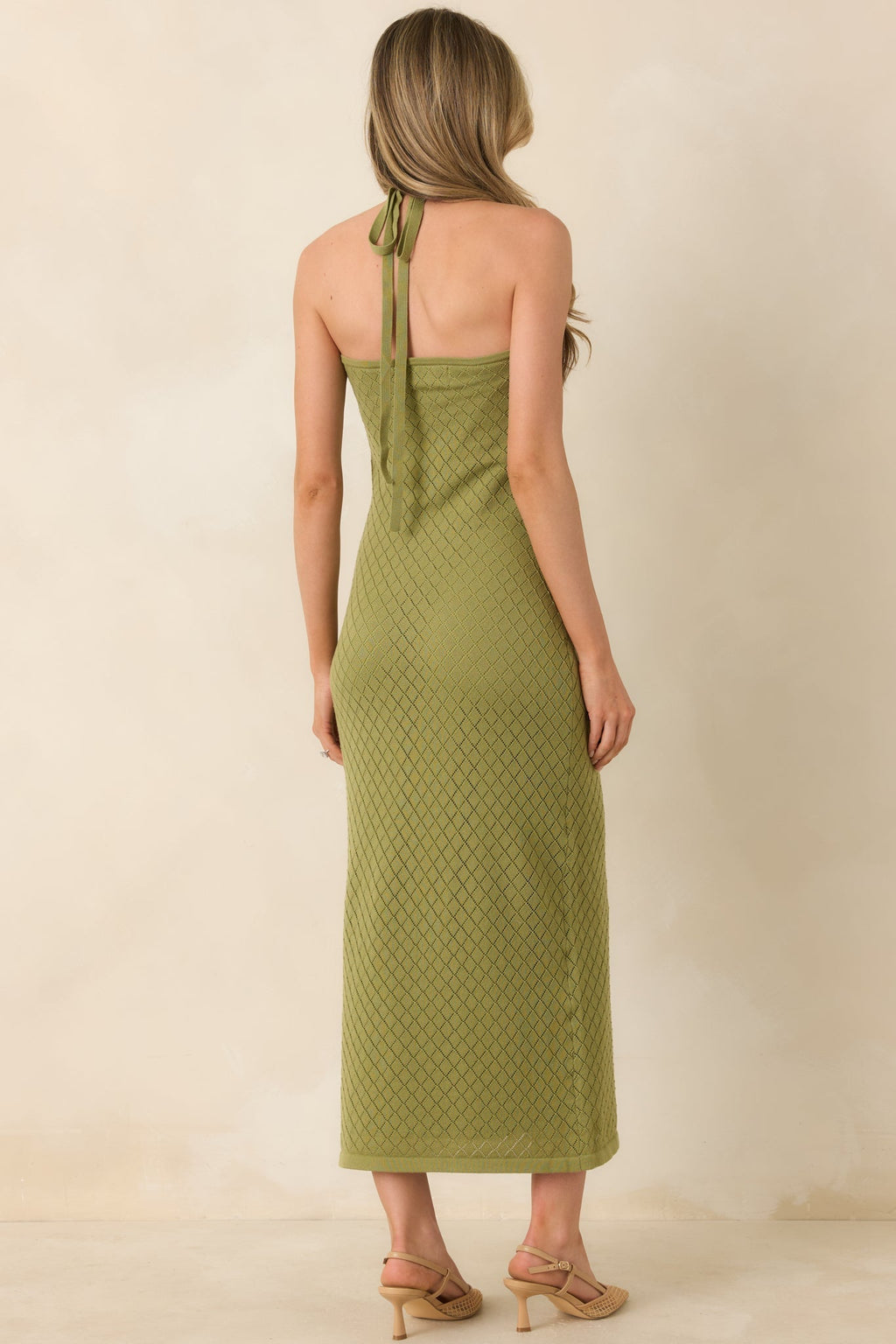 Women's Causing a Heatwave Olive Green Textured Diamond Knit Halter Midi Dress | 80% Viscose & 20% Nylon 7