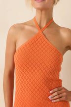 Women's Causing a Heatwave Orange Textured Diamond Knit Halter Midi Dress | 80% Viscose & 20% Nylon 2