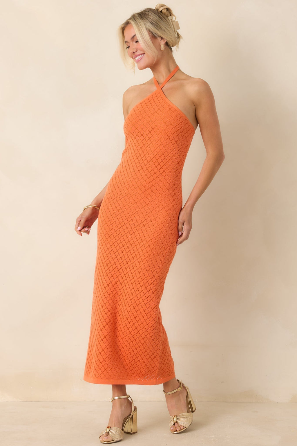 Women's Causing a Heatwave Orange Textured Diamond Knit Halter Midi Dress | 80% Viscose & 20% Nylon 4