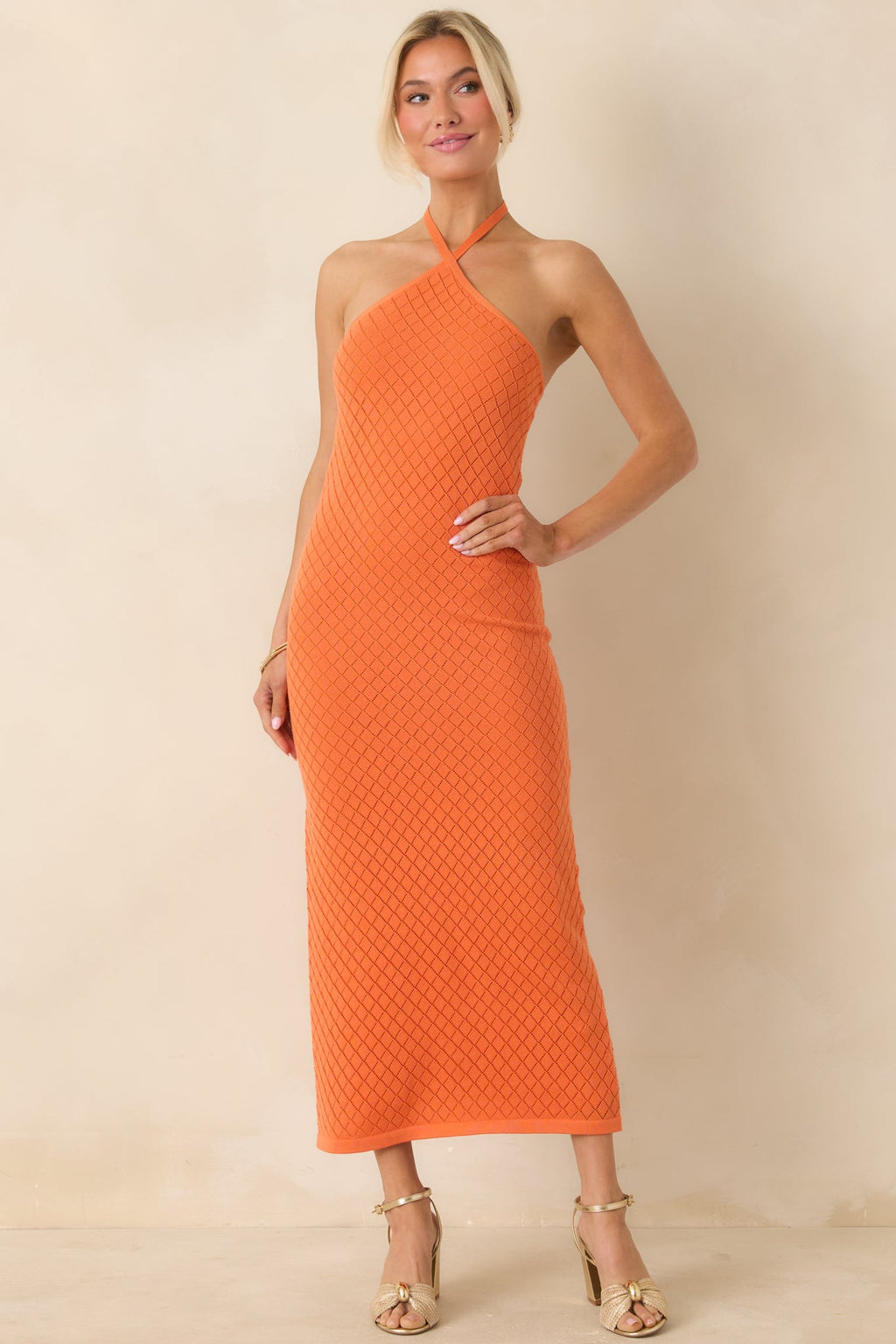 Women's Causing a Heatwave Orange Textured Diamond Knit Halter Midi Dress | 80% Viscose & 20% Nylon 5