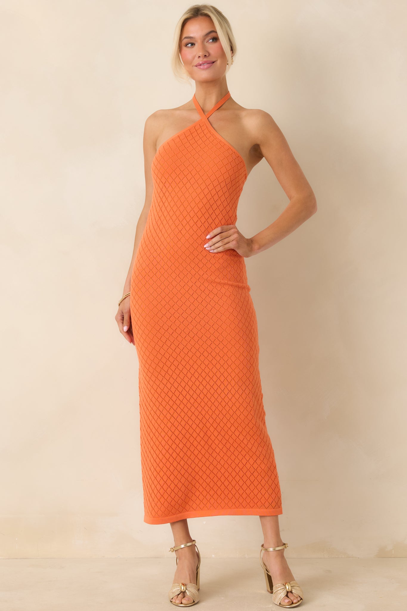 Women's Causing a Heatwave Orange Textured Diamond Knit Halter Midi Dress | 80% Viscose & 20% Nylon 5