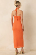 Women's Causing a Heatwave Orange Textured Diamond Knit Halter Midi Dress | 80% Viscose & 20% Nylon 6