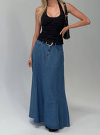 Women's Charleigh Soft Pleat Denim Maxi Skirt Mid Blue Wash | Pleated denim Maxi skirt 0