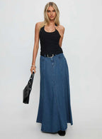 Women's Charleigh Soft Pleat Denim Maxi Skirt Mid Blue Wash | Pleated denim Maxi skirt 1