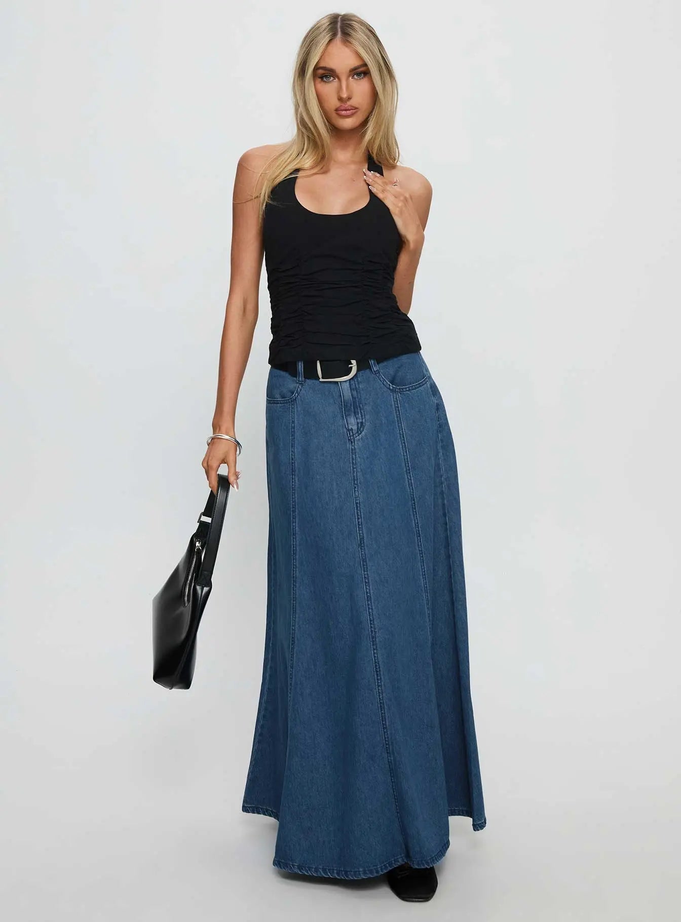 Women's Charleigh Soft Pleat Denim Maxi Skirt Mid Blue Wash | Pleated denim Maxi skirt 1