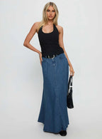 Women's Charleigh Soft Pleat Denim Maxi Skirt Mid Blue Wash | Pleated denim Maxi skirt 2
