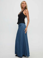 Women's Charleigh Soft Pleat Denim Maxi Skirt Mid Blue Wash | Pleated denim Maxi skirt 3