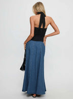 Women's Charleigh Soft Pleat Denim Maxi Skirt Mid Blue Wash | Pleated denim Maxi skirt 4