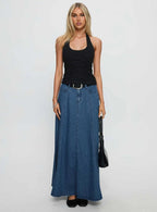 Women's Charleigh Soft Pleat Denim Maxi Skirt Mid Blue Wash | Pleated denim Maxi skirt 6
