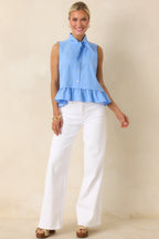 Women's Charm School Blue Cotton Sleeveless Tie Neck Top | 100% Cotton 0