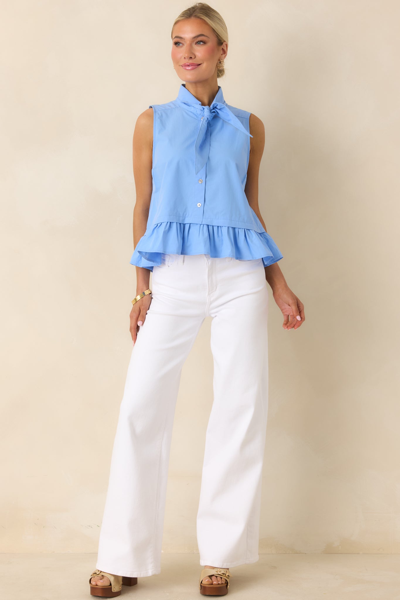 Women's Charm School Blue Cotton Sleeveless Tie Neck Top | 100% Cotton 3