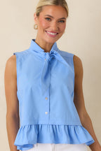 Women's Charm School Blue Cotton Sleeveless Tie Neck Top | 100% Cotton 5