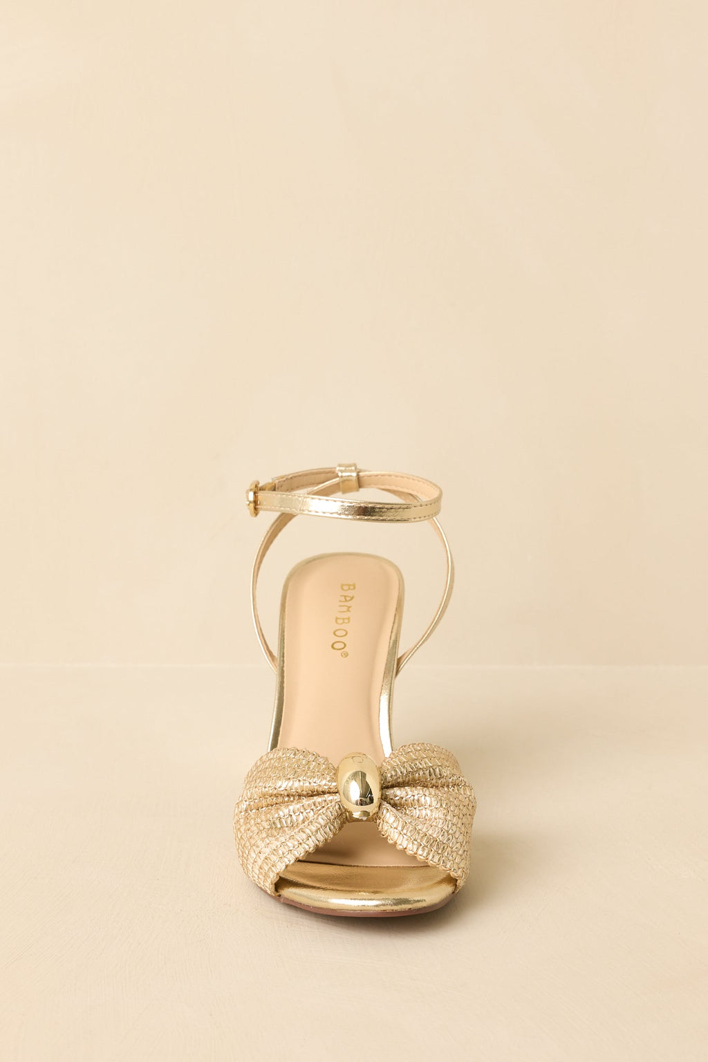 Women's Charmed I'm Sure Gold Woven Bow Block Heel Sandals | Heel measures 3.75" 4