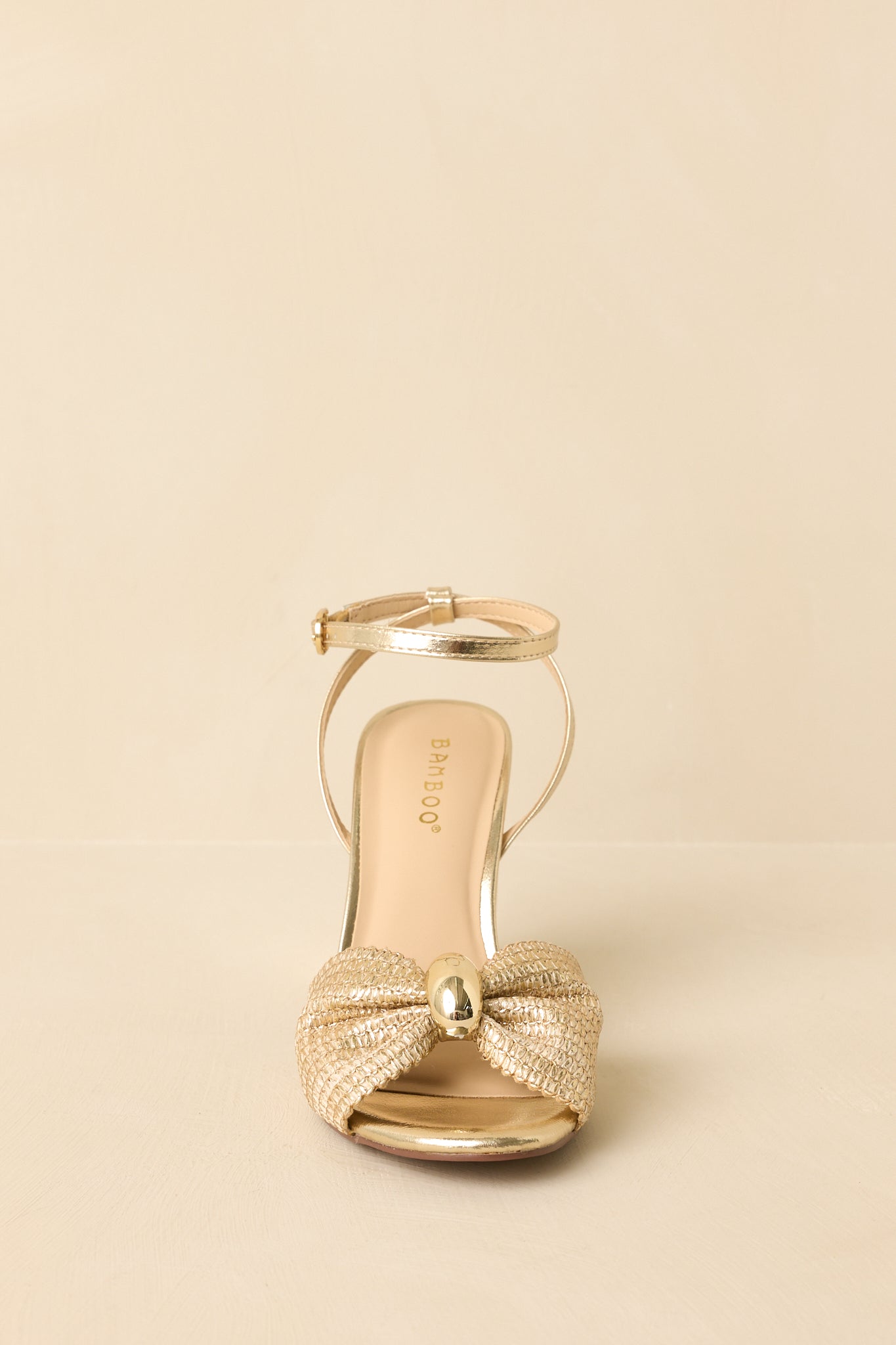 Women's Charmed I'm Sure Gold Woven Bow Block Heel Sandals | Heel measures 3.75" 4