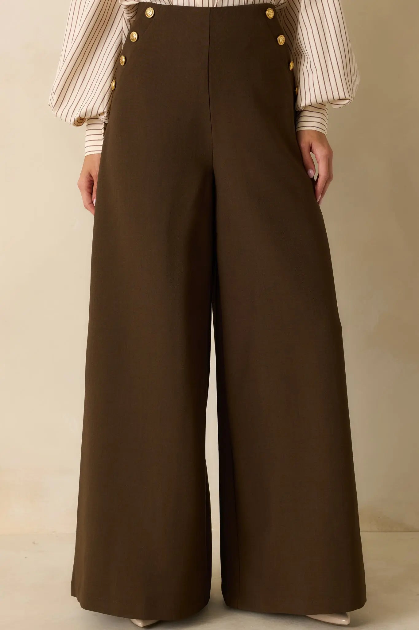 Women's Chart the Course Dark Brown Wide Leg Button Pants | 95% Polyester & 4% Spandex 4