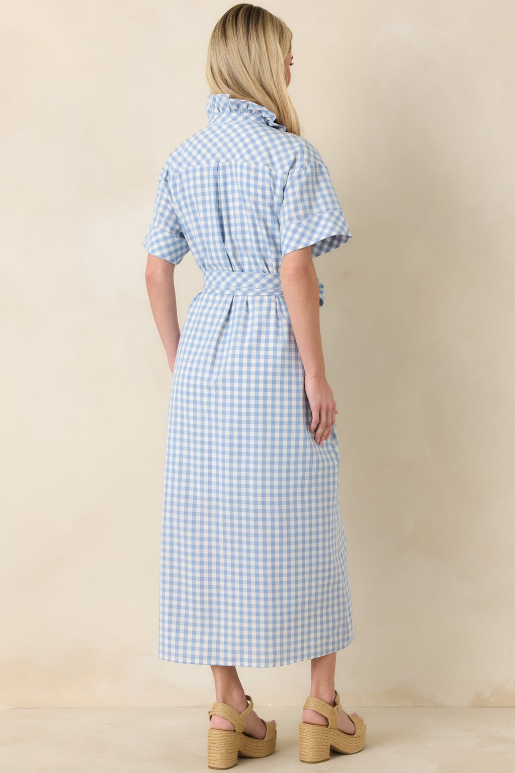 Women's Check Me Out Blue Gingham Ruffle Collar Belted Maxi Dress | 72% Cotton 7